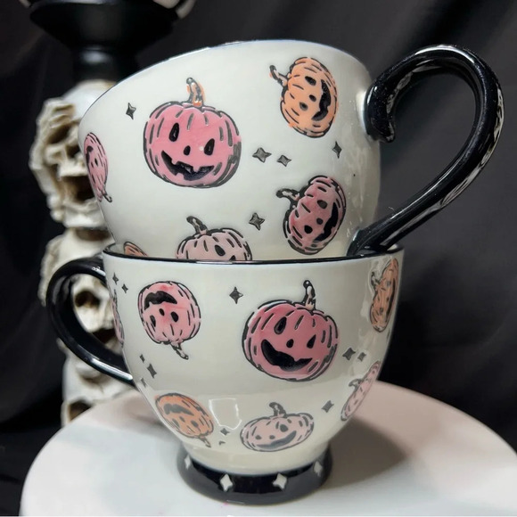 Potters Studio 2024 Halloween Spooky Seaon Ceramic Pink Black Pumpkin Mugs x2 - Picture 3 of 14